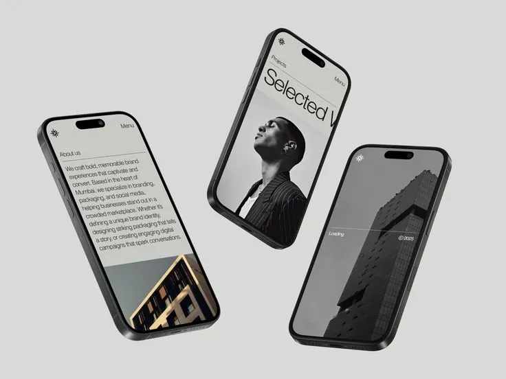 Three phones showing a dark editorial website layout adapting to mobile screens.